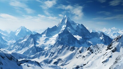 Fototapeta na wymiar Snow-covered mountains reaching for the cold, blue sky 