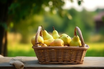 Rural scene with ripe pears in a wicker basket on a wooden table in a garden. Harvest in August. Generative AI