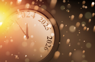 Fototapeta na wymiar Happy new year 2024 countdown clock on brown abstract glittering background with blurred snow