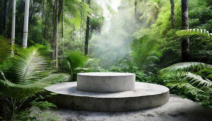 Concrete platform pedestal in tropical forest for product presentation and green forest
