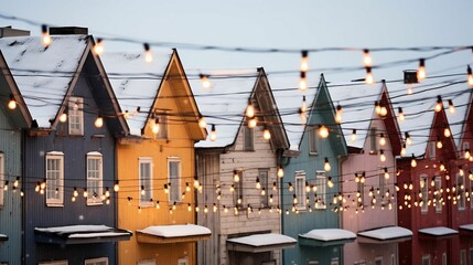 Snowy rooftops adorned with twinkling, colorful lights
