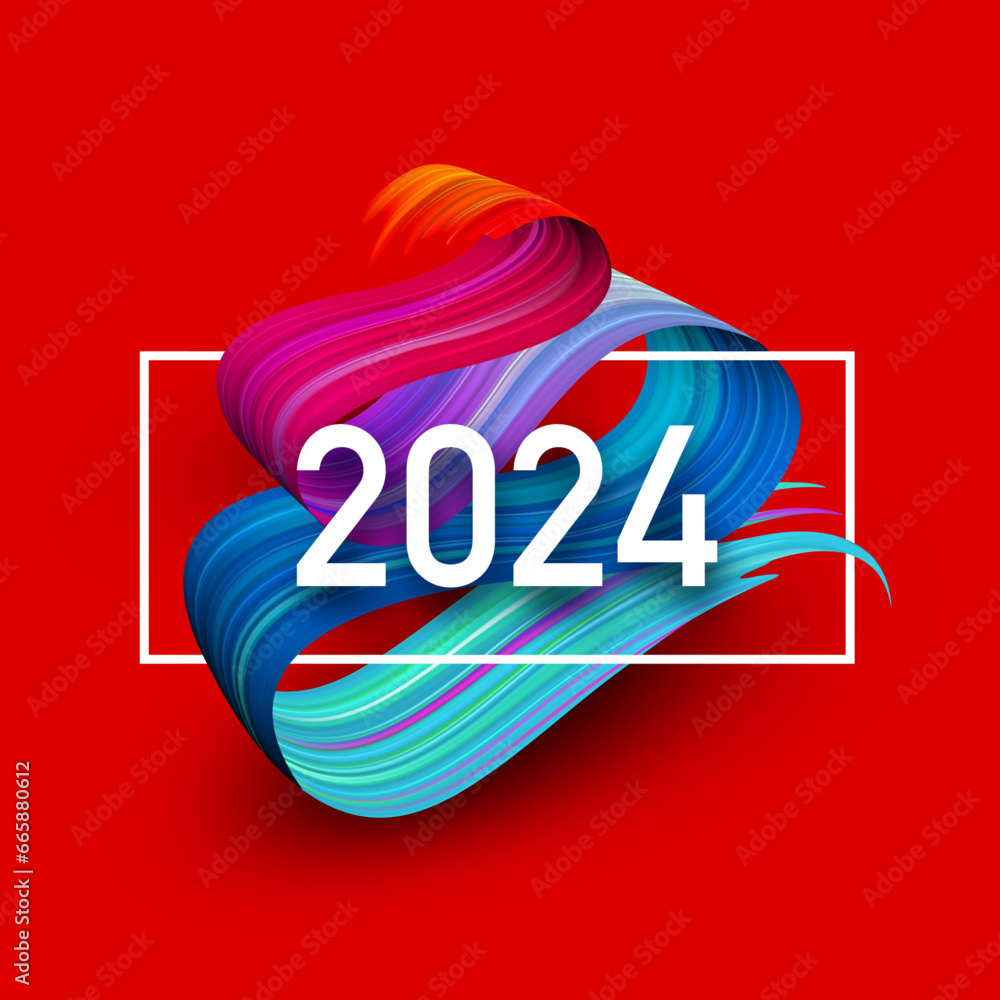 Poster new year 2024 paper numbers for calendar header with gradient color 3d ribbon on red background.