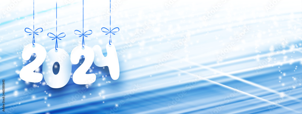 Poster new year 2024 horizontal poster with white paper numbers on gradient bright blue textured background