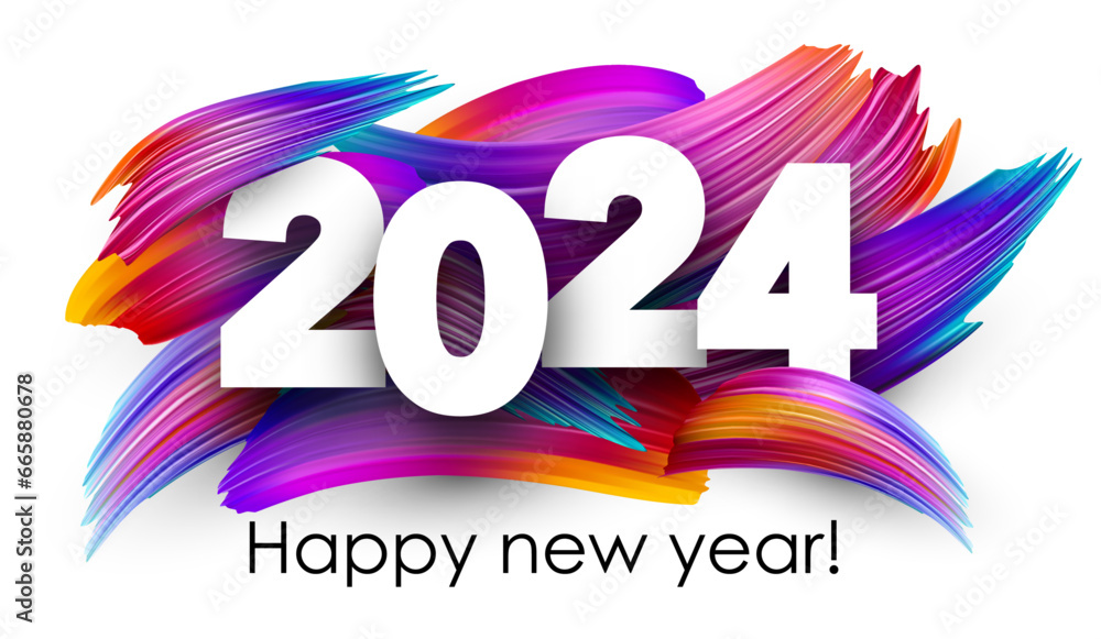 Poster new year 2024 paper numbers for calendar header on gradient background made of different color brush