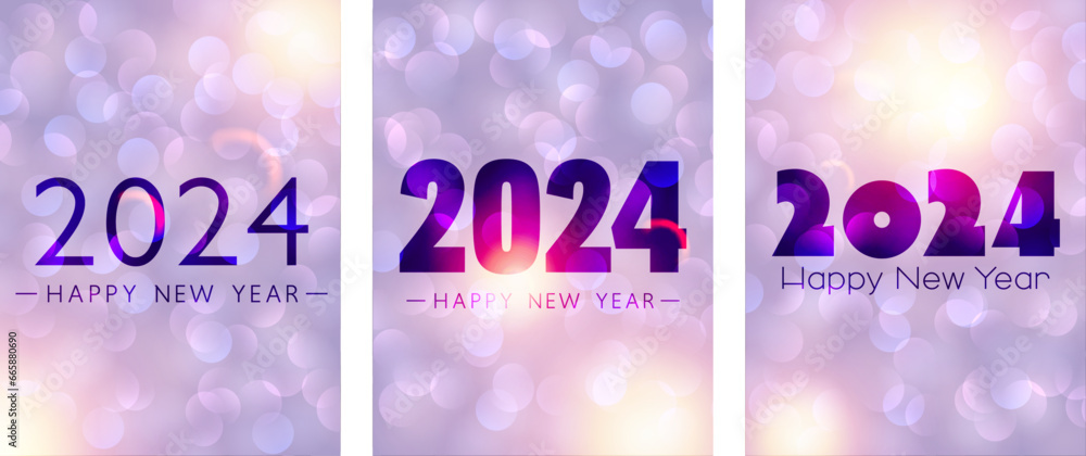 Poster variation of new year 2024 vertical cards with numbers on bright purple textured background with blu