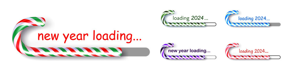 Obraz premium Set of loading progress bars 2024 New Year made of colorful bent curved candies on light background.