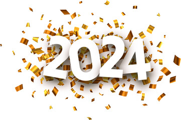 New Year 2024 paper numbers for calendar header on glittering background made of golden confetti.