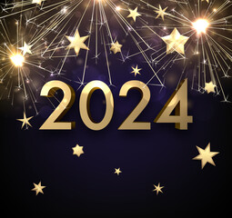 New Year 2024 3d golden shiny numbers for calendar on dark background with stars and fireworks.