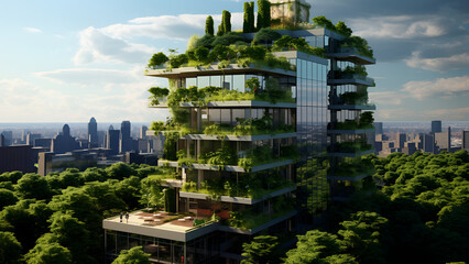 Obraz premium Modern, eco-friendly high-rise design featuring elements like green roofs, solar panels, and natural ventilation systems, Generative AI