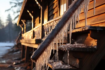 Fragile icicles forming on the eaves of a rustic winter cabin.