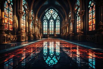 Gothic cathedral with ornate stained glass windows. - obrazy, fototapety, plakaty