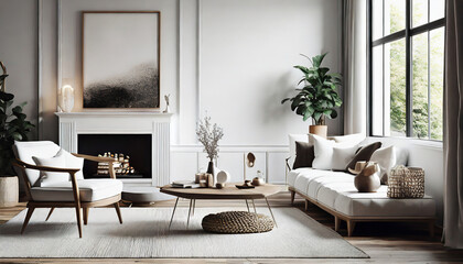 Cozy white living room interior, home mockup, d render