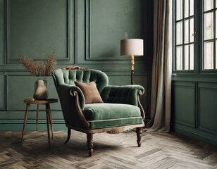 Dark green home interior with old retro armchair, d render