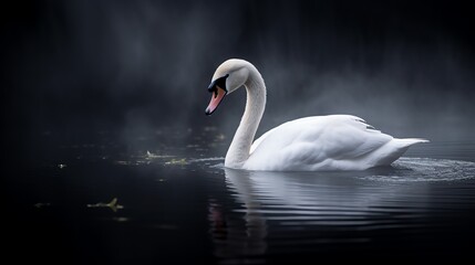 A beautiful white swan glides gracefully across dark, mysterious waters. A delicate mist rises from the surface, adding an ethereal quality to the tranquil yet haunting landscape.