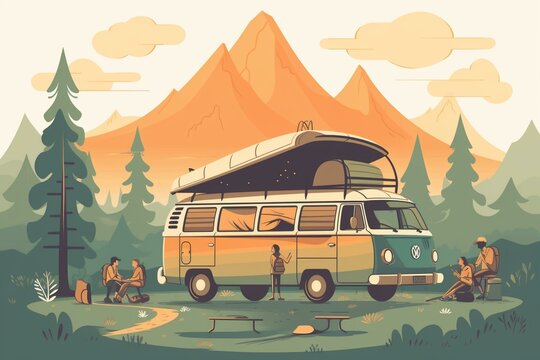 A lovely family camps in the mountain using a cute minivan, illustrated with nature-inspired flat style image. Generative AI
