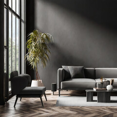 Dark living room interior with black empty wall