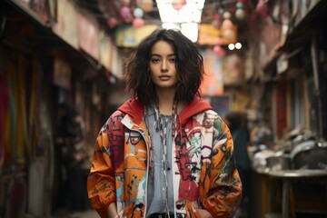 Model in an urban setting showcasing streetwear with graffiti walls.