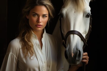Fototapeta na wymiar Model in equestrian attire, posing confidently with a graceful horse.
