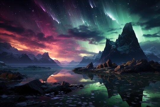 Mesmerizing auroras dancing over an icy Antarctic expanse. © furyon