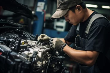 Fotobehang 自動車の修理点検を行う男性整備士の手元 © Kinapi