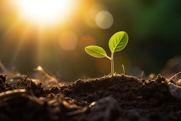 持続可能な未来をイメージした新芽と太陽光