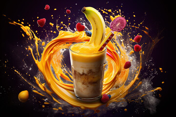 A banana being dropped into a bowl of yogurt is captured in a dynamic and action-filled 