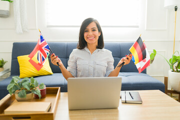 Cheerful woman excited about learning languages online