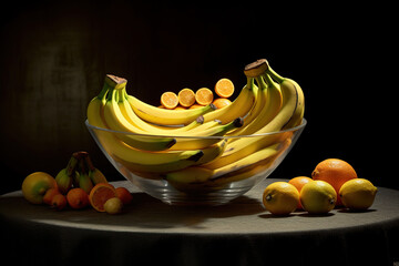 A bunch of ripe bananas is captured against a dark, moody background, creating a dramatic and visually striking still life