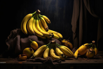 A bunch of ripe bananas is captured against a dark, moody background, creating a dramatic and visually striking still life