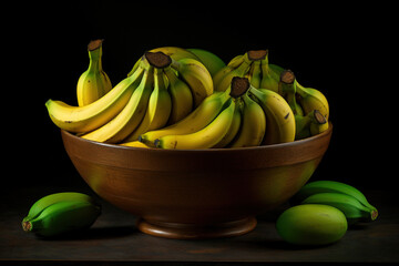 A bunch of ripe bananas is captured against a dark, moody background, creating a dramatic and visually striking still life