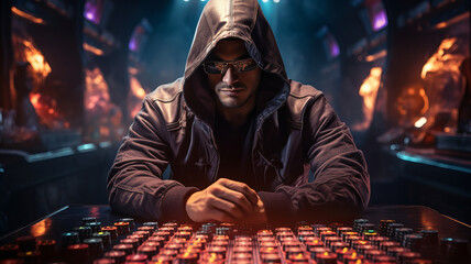 Man in hoodie plays poker at casino table. - obrazy, fototapety, plakaty