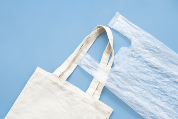 Fototapeta na wymiar Choose reusable tote bag or disposable plastic bag.