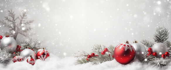 Fototapeta na wymiar Christmas background, xmas banner with tree branches, snow, red ornaments, red christmas berries. Copy space for text