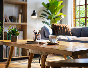 Empty wooden desk table in living room background