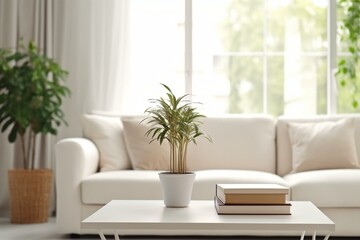 Mock up of a white book in a cozy living room with natural light, houseplant, and decoration. Generative AI