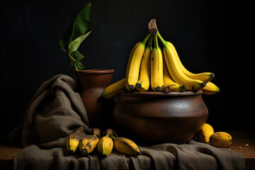 A bunch of ripe bananas is captured against a dark, moody background, creating a dramatic and visually striking still life