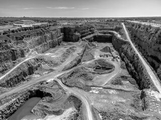 Open pit view of a quartzite rock quarry in Sioux Falls, South Dakota