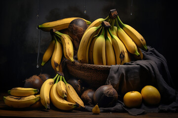A bunch of ripe bananas is captured against a dark, moody background, creating a dramatic and visually striking still life