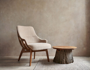 Fabric lounge chair and wood stump side table against beige stucco wall with copy space. Rustic minimalist home interior design of modern living room