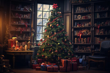 部屋に飾られたクリスマスツリー - obrazy, fototapety, plakaty