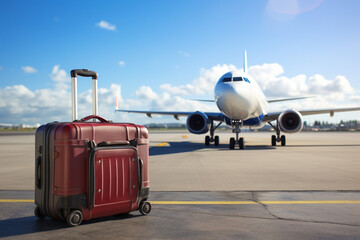 空港の旅客機とスーツケース