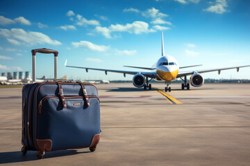 空港の旅客機とスーツケース