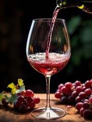 Red wine pours from a bottle into a glass AI