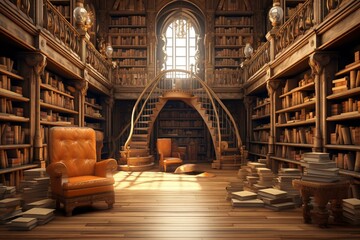 3D rendered library with vintage books neatly arranged on shelves. Generative AI