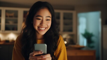 Young Asian woman using smartphone checking social media feeling happy. Smiling girl use smart phone at home in the evening.
