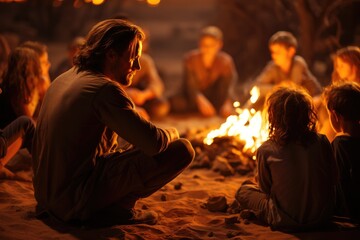 Traditional storyteller captivating audience, desert campfire setting.