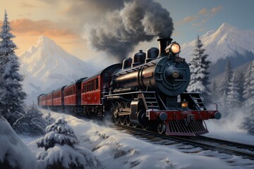Vintage train speeding through a snowy landscape.