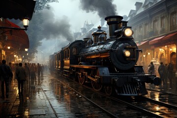 Vintage train station with steam locomotives and passengers - obrazy, fototapety, plakaty