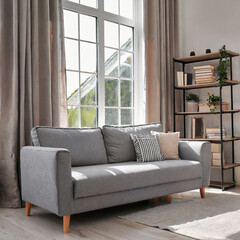 Fototapeta premium Grey sofa against window and book shelving unit. Scandinavian home interior design of modern living room