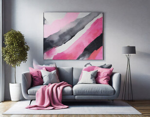 Grey sofa with pink pillows and blanket against white wall with abstract art poster. Interior design of modern living room